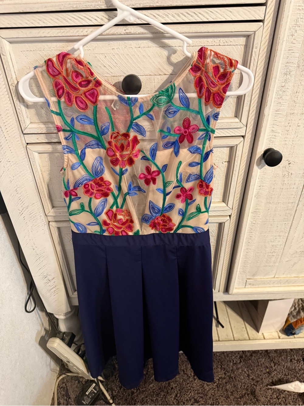 Acevog Navy Skater Dress with Multicolor Floral Embroidered Bodice